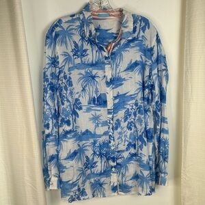 J. McLaughlin Blue White Linen Coastal Palm Long Sleeve Button Yop Women X-Large